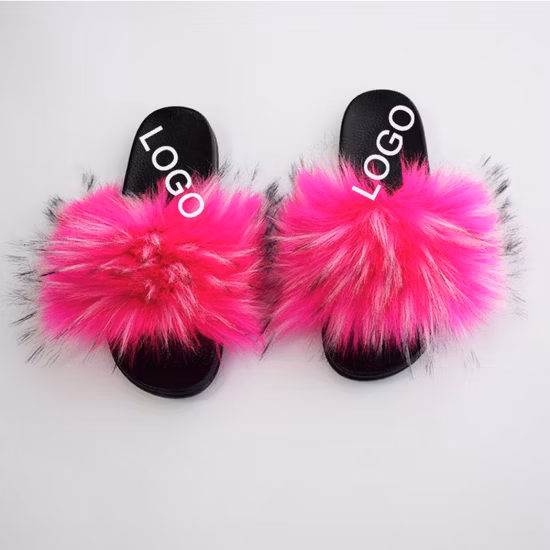 Diapositives personnalisées en fausse fourrure de renard véritable colorée pour dame, pantoufles de diapositives en fourrure douce pour femmes d'hiver chaud